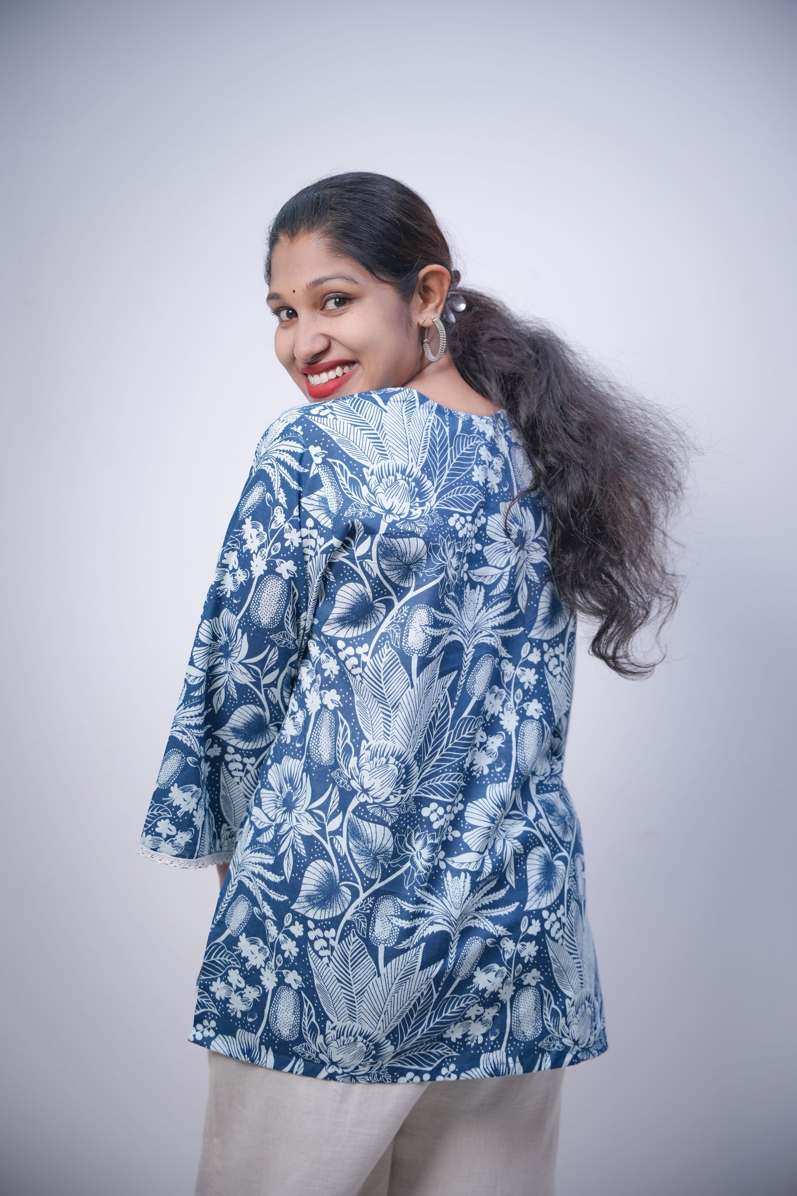 Indigo Blue Floral Block Print Cotton Short Kurti